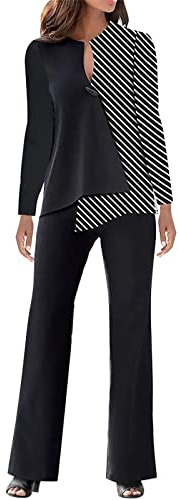 Byxdress dam elegant 2 delar svart: Bröllopsdräkt festdräkt lapptäcke långärmad tvådelad outfit v-ringad fritidsoverall klädset träningsoverall lounge set, svart, XXL