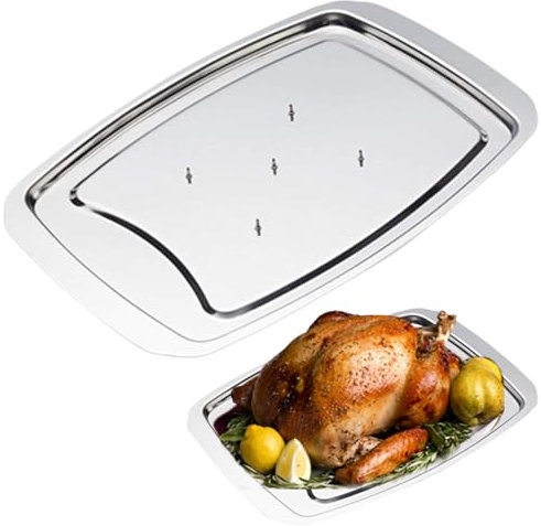 SMELEYOU Bandeja de acero inoxidable para tallar carne con pinchos con tapas con pinchos, bandeja de servir antideslizante pulida para pavo, para cortar, cortar herramientas de cocina en el hogar