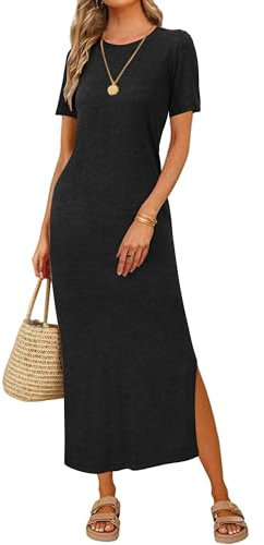 Arach&Cloz Womens Summer Wool Blend T Shirt Maxi Dress 2026 Spring Casual Short Sleeve Crew Neck Slit Fashion Sweater Knit Long Dresses Trendy Travel Vacation Outfits Black XL