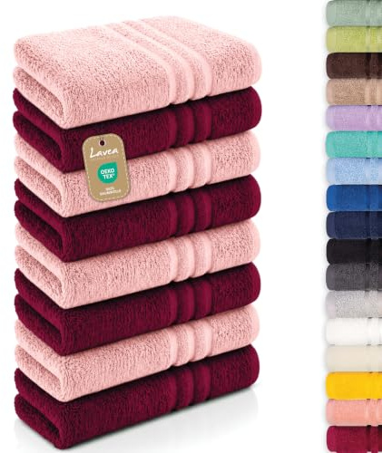 Lavea® 8er Set Handtücher 50x100 cm, Elena Frottiererie, 100% Baumwolle, Saugstark & Weich, Handtücher Set, Waschbar, Trocknergeeignet, Gäste Handtücher, Frottierhandtuch - Bordeaux & Pastellrosa