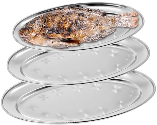 Behogan 3 piatti da portata, 30 cm + 35 cm + 40 cm, in acciaio inox, colore argento, ovali da portata per vassoio da cameriere, salsicce, formaggio, feste, serrature, vassoio da caffè