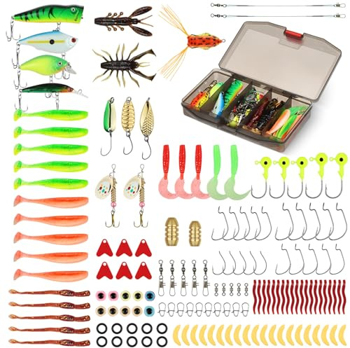 Vicloon Juego de señuelos de pesca, 147 piezas de accesorios de señuelos de pesca mixtos, kits de cebos mixtos, incluyendo cebo duro, cebo suave, lentejuelas, lentejuelas giratorias, lentejuelas