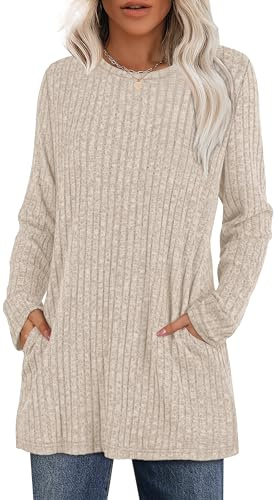 XIEERDUO Tunics or Tops to Wear with Leggings Long Sleeve Sweaters for Women Winter Clothing with Pockets Quiet Luxury Clothes School Outfits for Teachers Apricot M