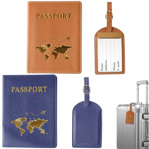 ZDNT Porte-Passeport Housse,2Pcs Couvertures de Passeport et 2Pcs Étiquette Valise,Porte-Passeport,PU Cuir Protege Passeport,Etui Passeport pour Passeport,Carte de Crédit (Marron,Bleu)