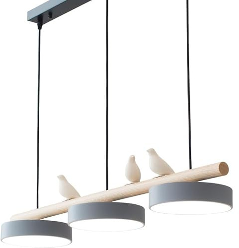 KXEcoLife Lampadario lineare Moderno a LED a 3 luci per Tavolo da Pranzo, dimmerabile, lampadario a Striscia Lunga, Lampada a Sospensione in Legno con Decorazione a Forma di Uccello Nordico,