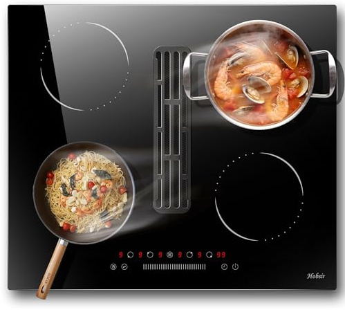 Hobsir Placa de Inducción con Extractor Integrado 60 cm, 4 Zonas, 9 Niveles de Potencia, 6400W, Bloqueo Infantil, Función Boost, Recirculación con Filtro Carbón– Sin Manguera de Salida de Aire