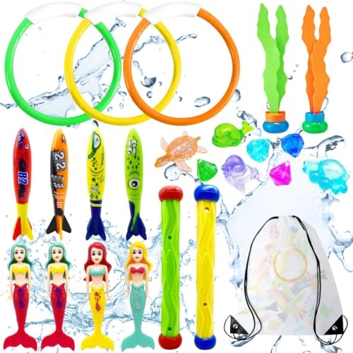 Cuackamily 23 Pcs Kids Diving Pool Game Toy Set With Storage Bag