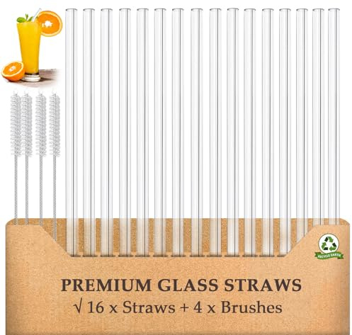 AOTWAN Glass Straws 20 Pack, Size 8.5''x10MM Glass Straws Drinking,Eco Friendly Including 16 Straight Straws with 4 Brushes,Reusable Straw for Cocktail,Juice