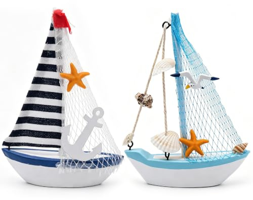 Sailboat Decor Mediterranean Mini Wooden Sailboat Figurine Ocean Nautical Style Table and Bathroom Shelf Ornament for Home Coastal Decoration Set of 2