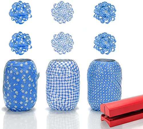 Helmecke & Hoffmann * Großes Verpackungs-Set | 3 x 20 m Geschenkband + 6 Geschenk-Rosetten + Bandspleißer | 7 Varianten wählbar | Eiknäuel Geschenkband Ringelband Schleifen (Blau)