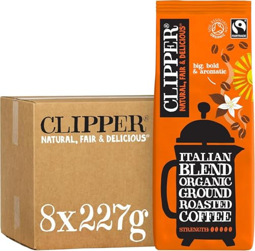 Clipper Organic Italian Style Ground Coffee | 8x227g Fairtrade Arabica | Bulk Buy Strong Roast for Catering | Gourmet Sustainable Ethically Sourced
