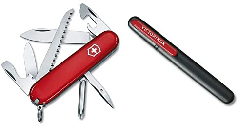 Victorinox Taschenmesser Hiker (13 Funktionen, Holzsäge, Phillips-Schraubendreher, Zahnstocher) rot & Dual-Messerschärfer, Tragbar, Schleifstein für Grobschliff, Keramikplättchen für Feinschliff