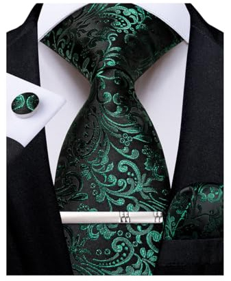 DiBanGu Silk Floral Ties for Men Woven Paisley Necktie and Tie Clip Handkerchief Cufflinks Set for Party Wedding, Emerald Green and Black