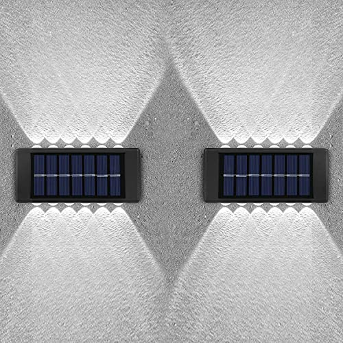 Paquete de 2 luces solares de pared para exteriores, 12 luces LED solares impermeables para valla arriba y abajo, lámparas de pared para decoración de jardín, valla, patio, puerta delantera, camino