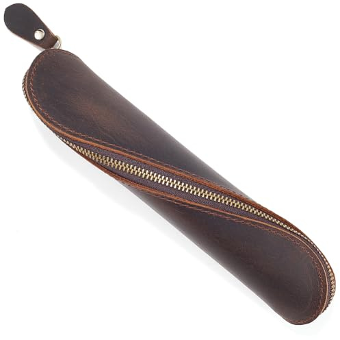 GORGECRAFT Étui à Stylos en Cuir Véritable Étui à Crayons en Cuir Véritable Fabriqué à la Main Sac de Poche en Cuir de Cheval Fou Support Zippé pour Outils Bureau Étui à Lunettes de Lecture, Brun Coco