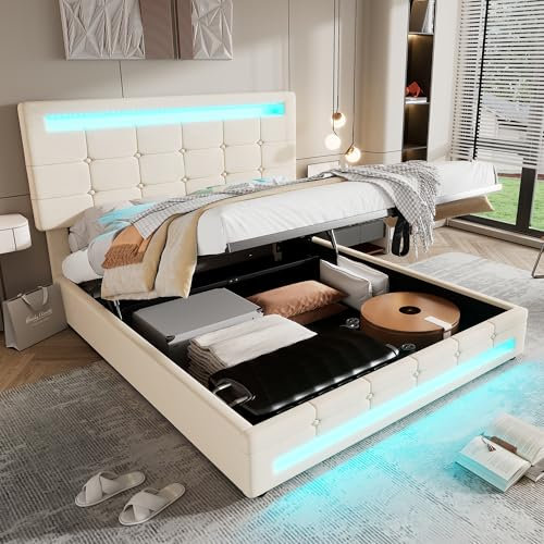 AYOROF Upholstered Bed 135x190cm, Hydraulic Bed, Adults Teenagers 4ft6 Double Bed Frame, Square Embellishment, With 7colors LED-Light Strips, Velvet+iron, Beige