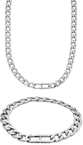 Fossil Herren Heritage Silber-Ton Edelstahl Halskette und Armband, Set