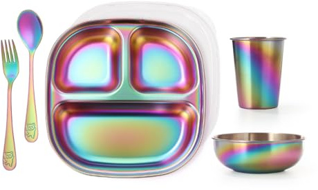 AIEVE Stainless Steel Kids Plates and Bowls, 5 Pcs Kids Dinnerware Set Includes Stainless Steel Toddler Plate with Lid, Utensils, Cup and Bowl