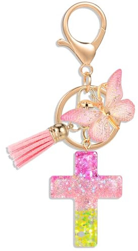 MWOOT Croix Porte Clés Chrétien Bible Porte Clés Sac à dos Charmes de sac à main pour Femmes Filles, Papillon Pendentif Porte clés