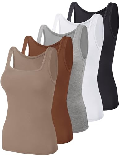 BQTQ 5 Pcs Women's Square Neck Tank Tops Sleeveless Vest Tops Undershirts | Square Neck Undershirts for Women, Slim Fit and Stretchy Summer Tank Tops Ribbed Sleeveless Layering Vest Tops