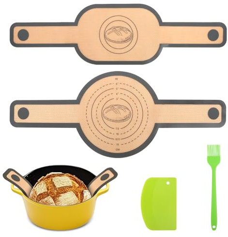 2 Pezzi Tappetino da Forno in Silicone per Forno Olandese, Riutilizzabile Tappetino da Forno per Pane con Manico Lungo, Fionda da Forno con raschietto per Pasta e spazzola in silicone, Antiaderente