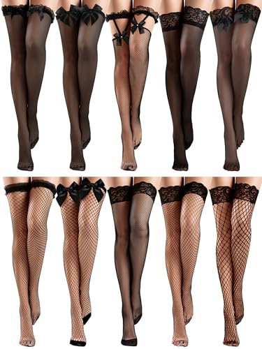 Bencailor 10 Paare Halterlose Netzstrümpfe Transparente Spitzenstrümpfe Oberschenkelhohe Strümpfe Damen(Schwarz,M)