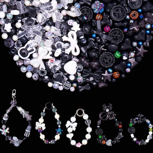 GUJOXILA Perle acriliche Charms Kawaii nero bianco perline ciondolo con fiori fiocchi, caramelle cuore fiori braccialetti fai da te per bambini per ciondoli collane SHandy catena Beads Charms