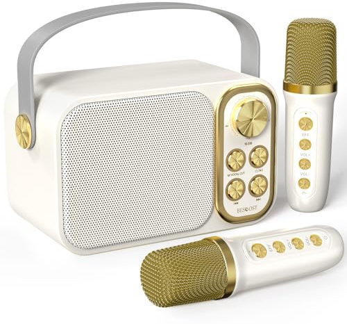 Machine de Karaoké avec 2 Micro sans Fil, Haut-Parleur Bluetooth Portable, Dispose 7 Effets Sonores, pour Fête et Voyage，White