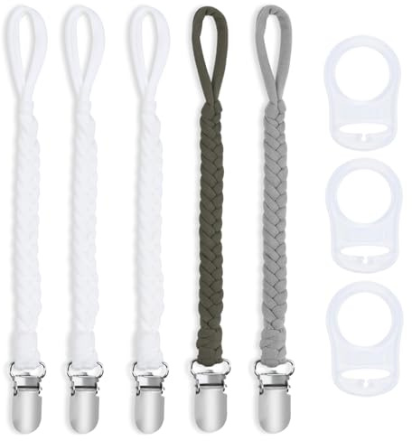 ABirdon Schnullerkette Baby,5 Stück Schnullerketten Clips mit 3 Stück Silikonring, passend für alle Schnuller, Babyzähne, Lätzchen, Dreieckstuch, Sauger