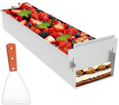 VAVPUP Teglia Rettangolare Regolabile, Teglia per Tiramisu con Rivestimento Antiaderente, Teglia in Lega di Alluminio con Spatola, Parte Laterale Rimovibile, per Mousse, Cheesecake, Lasagne, Pane