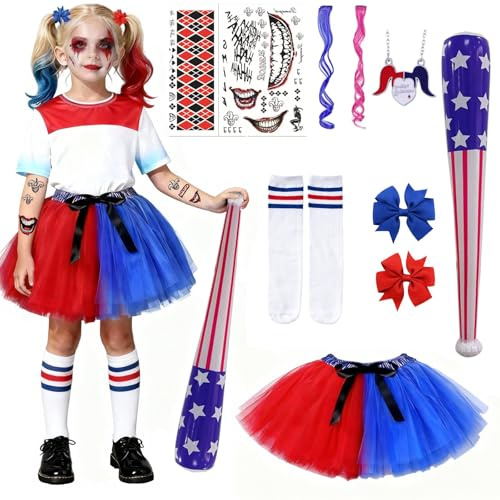 YUERTMIO Déguisement Quinn Costume Fille, Déguisement Halloween Costume Cosplay Quinn, avec Robe, Batte de Baseball Gonflable, Faisceau de Cheveux, Robe Costumes pour Carnaval Halloween Clown Cosplay