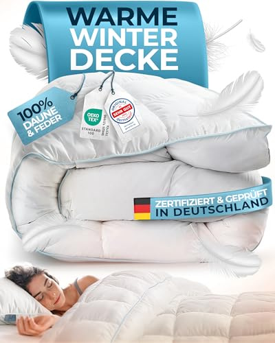 Glückstoff® Winterdecke aus Federn und Daunen 220x240cm [Zertifiziert in Deutschland] - Dicke Bettdecke Winter Waschbar - Warme Daunendecke Allergiker - Schlafdecke Zudecke - Decke Extra Warm - Duvet