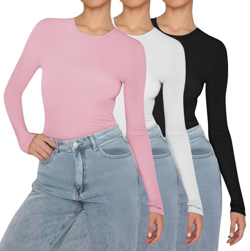 Womens Thermal Tops Long Sleeve, Basic Plain Crew Neck Base Layer, Soft Comfortable Ladies Long Sleeve T Shirt for Layering, Casual Slim Fit Basic Top for All Seasons