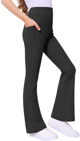 ANTLOOWW Sportleggings för flickor utsvängda leggings för flickor med 2 fickor för barn, elastiska utsvängda leggings för jogging, träning, yoga, Svart, 150