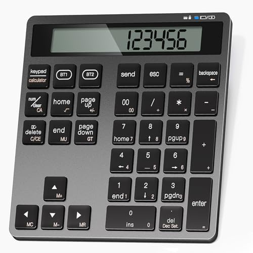 Awelbuy Rechargeable Wireless Number Pad for Laptop, Dual Bluetooth Number Keypad with Calculator Display, 34-Key Numeric Keypad for Windows, Mac, PC, Tablet