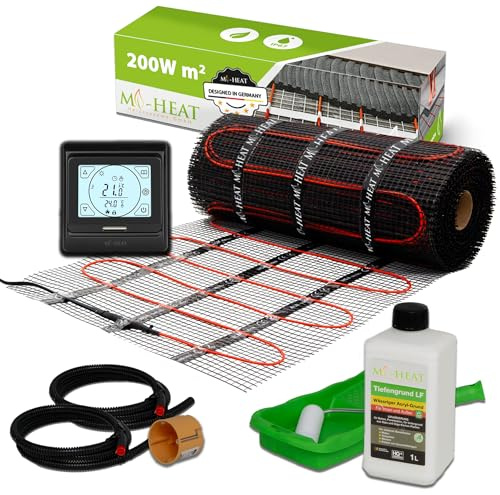 Mi-Heat Elektrisk golvvärme, 200 W/m², 1,0 m², set för golvvärme, värmematta, utjämningsmassa, för kakel, vinyl, parkett och laminat – med termostat e91, digital svart