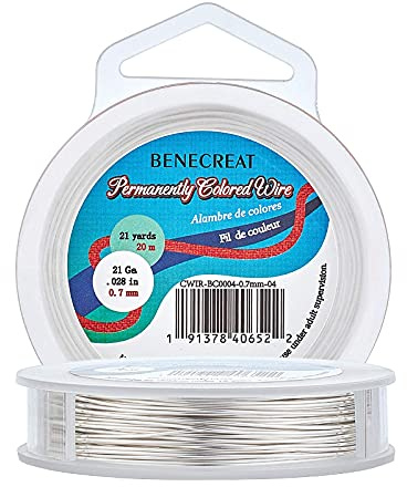 BENECREAT 0.7mm(Calibre 21) Fil de cuivre résistant au ternissement 20m Bijoux en Argent Fil de Perles pour l'artisanat Perles Fabrication de Bijoux