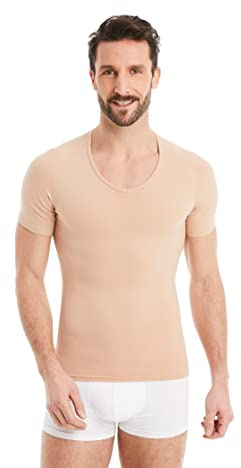 FINN Maglia Dimagrante Uomo con Scollo a V - Canottiera Snellente a Maniche Corte in Cotone - Camicia compressiva Body Shaper per Una Pancia più Piatta Color Pelle XL
