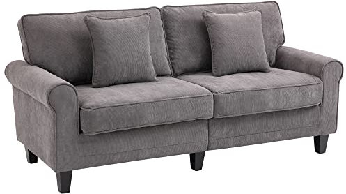 HOMCOM Canapé 3 Places en Tissu Velours côtelé, canapé Salon, 197 cm, avec accoudoirs et Dossier rembourrées, canapé avec 2 oreillers, Pieds en Bois Massif de pin, pour Salon, Chambre, Bureau, Gris