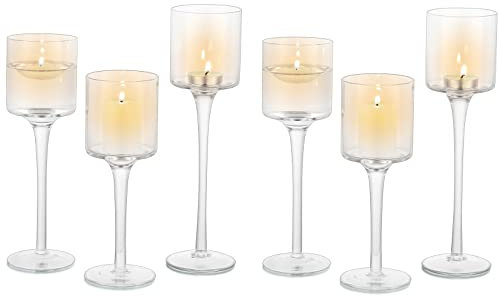 Sziqiqi 6 Stück Teelichthalter Glas - Elegante Kerzenständer Hohe Kerzenhalter Stumpenkerzen Windlichter Tischdekoration für Hochzeit Esstisch Badezimmer Geburtstag Party Deko