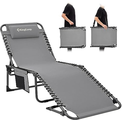 KingCamp Lounge Chair Outdoor, Folding Tanning Chairs Comfy Adjustable 5-Position Lay Flat Foldable Chaise Chaser Lounger with Pillow for Outside Beach Patio Sun Bathing Pool Backyard, Grey