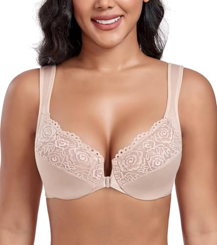 DotVol Women's Front Closure Wide Strap Underwire Bra Lace Plus Size U-Back Unlined Everyday Bra(Beige,38E)