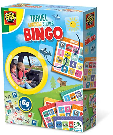 SES Creative | Reise-Fenstersticker-Bingo ab 3 Jahren | Reisespiel für Kinder mit 6 Bingokarten & 64 Fensterstickern | Wiederverwendbares Spielzeug für Auto & Bahn | Beschäftigung unterwegs