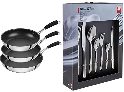 Zwilling - Sartén 65249 by Cornelia Poletto, de acero 18/10, Acero 18/10. plástico, acero inoxidable, 20cm + 24cm + 28cm & Nova - Set de cubiertos de mesa, 42 piezas, acero inoxidable, 35 x 25 x 10 cm