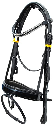 LEATHER HORSE DIAMANTE SHOW BRIDLE WITH PATENT LEATHER NOSEBAND & FREE REINS (BLACK) (FULL)