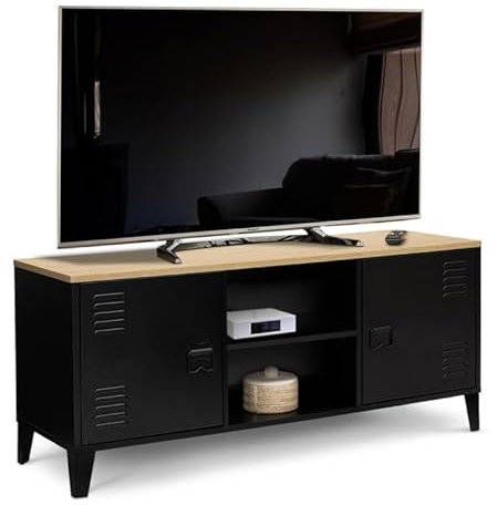 IDMarket – Mueble TV 113 cm Ester 2 Puertas Metal Negro y Bandeja Madera Diseño Industrial