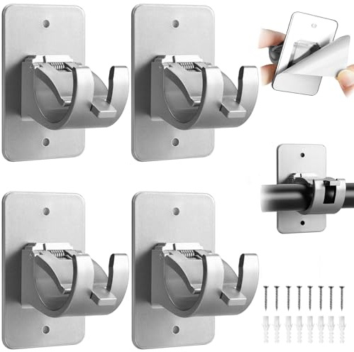 4 PCS Curtain Rod Holder No Drill - Self Adhesive Curtain Rod Brackets - No Drilling Silver Plastic Curtain Rod Holder Rod Hook Curtain Rod Hanger (Silver)