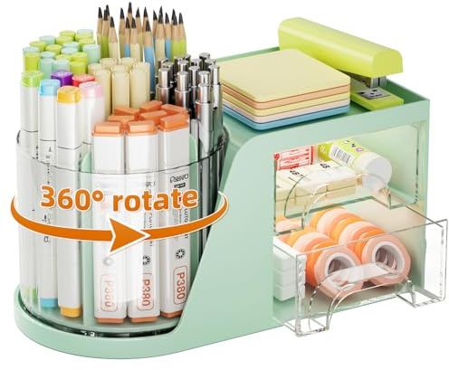Marbrasse Desk Organizer with 2 Drawer, 360°Rotating Pen Holder, Desk Organizers and Accessories with 6 Slots Pencil Holder + 2 Drawer, Art Supply Storage Box Caddy for Office (Green)