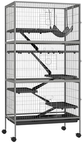Pawhut Multifunktionell gnagarbur 4 plattformar 3 ramper 4 dörrar dim. 80 L x 52 l x 159 H cm stål silvergrå svart