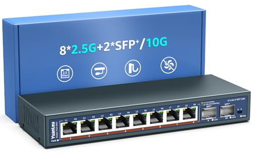 Switch Ethernet Non Géré 10 Ports 2,5G, 8 Ports 2,5G Base-T, 2 x 10G SFP, Compatible avec 100/1000/2500Mbps, Métal, Montage sur Bureau/Mur, Switch Réseau YuanLey 2,5Gbe pour AP sans Fil, NAS, PC